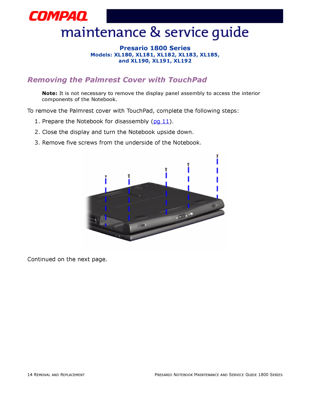 Compaq XL192, XL190, XL180, XL191, XL183, XL181, XL185, XL182 specifications Removing the Palmrest Cover with TouchPad 