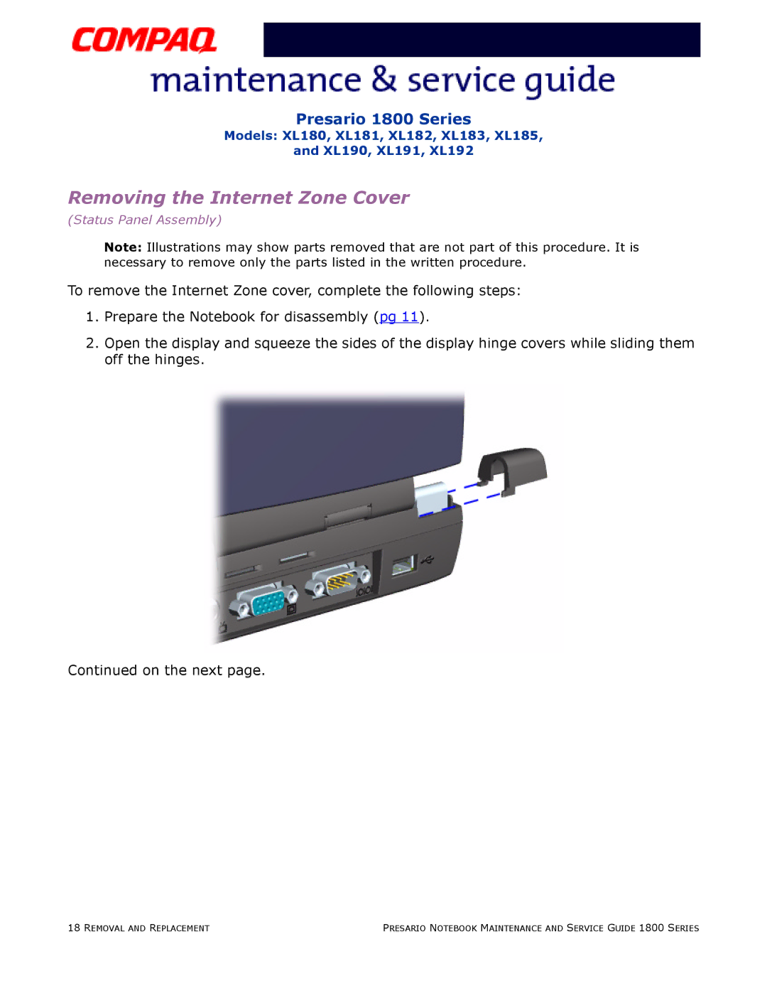 Compaq XL182, XL190, XL180, XL191, XL192, XL183, XL181, XL185 specifications Removing the Internet Zone Cover 