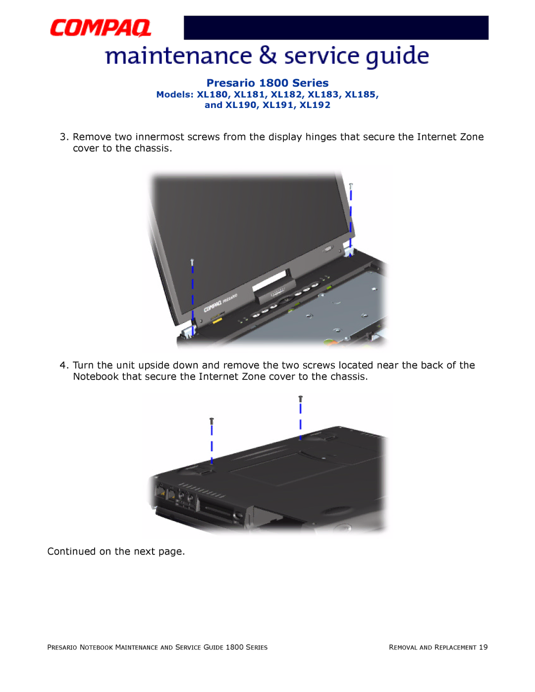 Compaq XL190, XL180, XL191, XL192, XL183, XL181, XL185, XL182 specifications Presario 1800 Series 