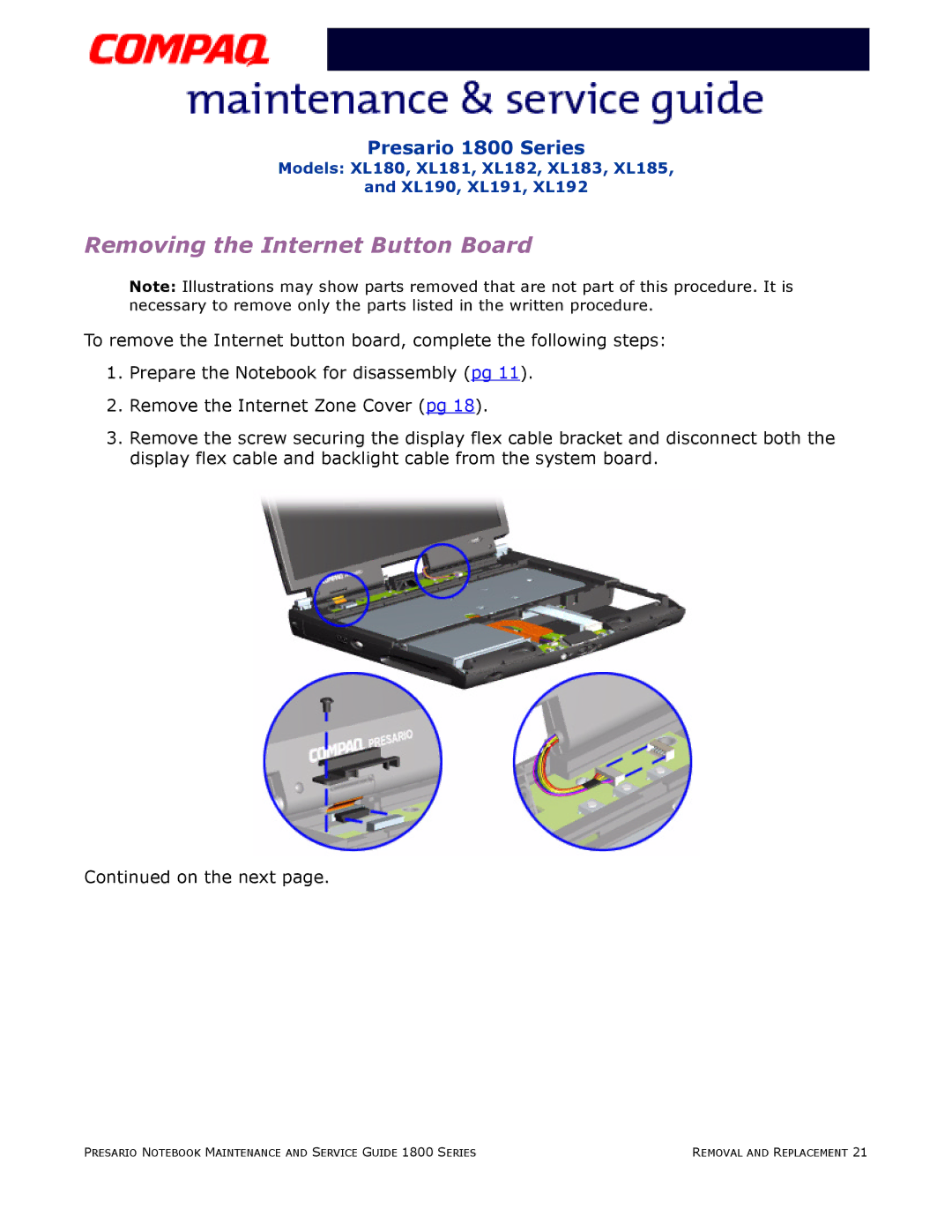 Compaq XL191, XL190, XL180, XL192, XL183, XL181, XL185, XL182 specifications Removing the Internet Button Board 