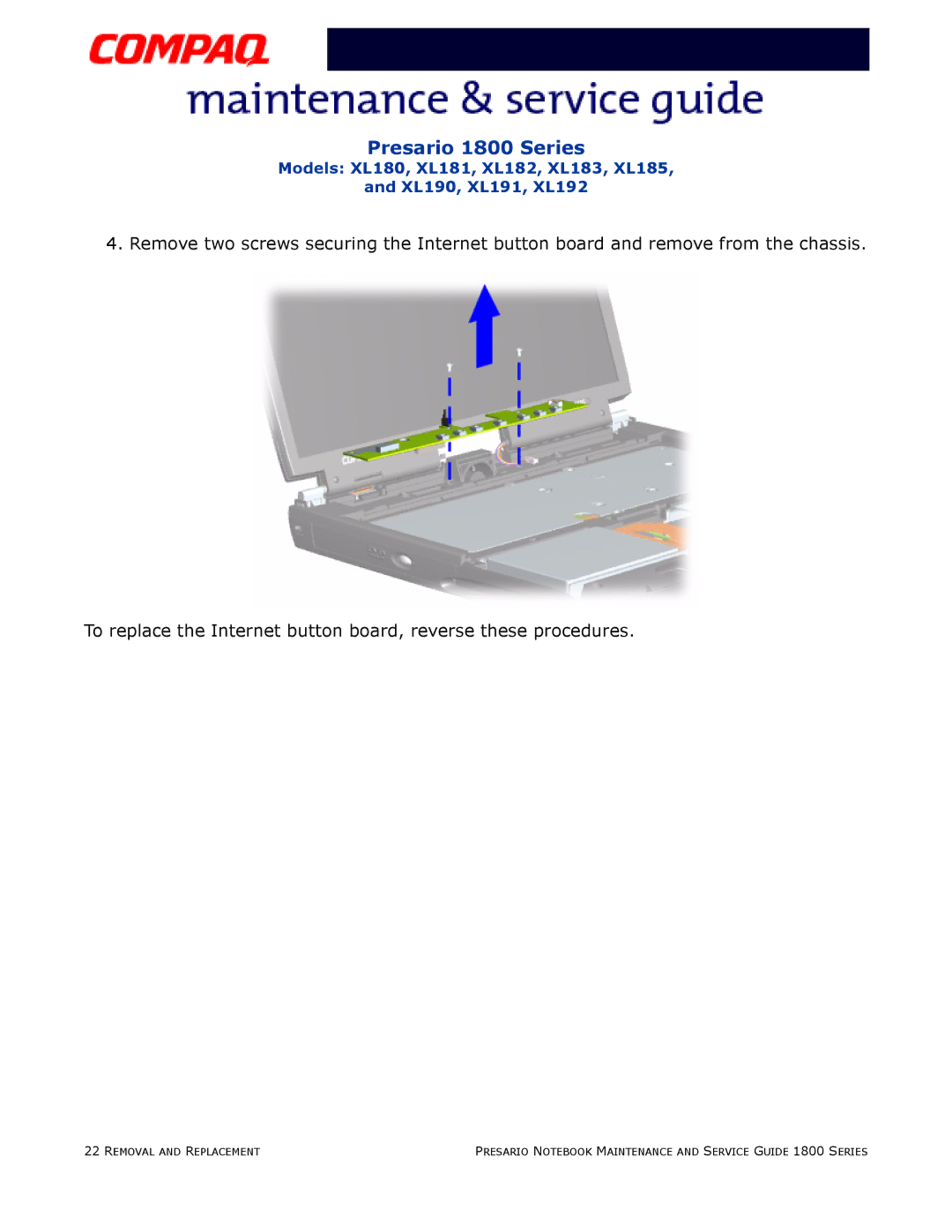 Compaq XL192, XL190, XL180, XL191, XL183, XL181, XL185, XL182 specifications Presario 1800 Series 