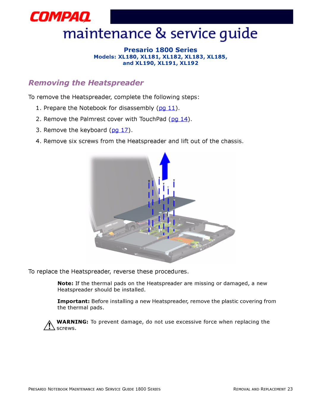 Compaq XL183, XL190, XL180, XL191, XL192, XL181, XL185, XL182 specifications Removing the Heatspreader 