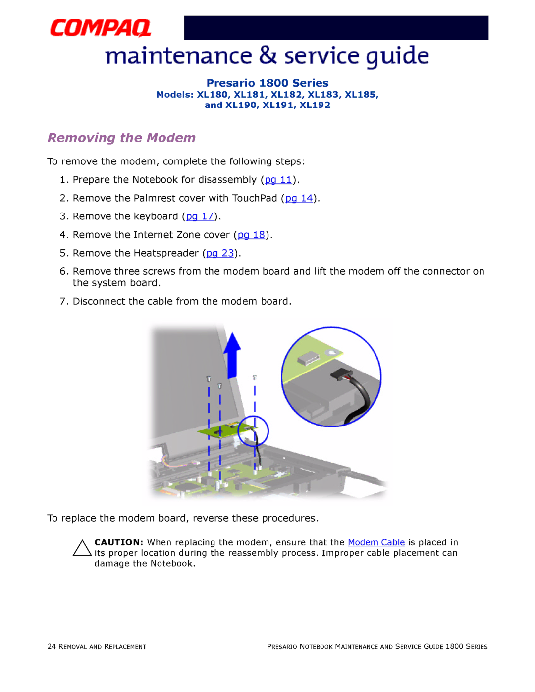 Compaq XL181, XL190, XL180, XL191, XL192, XL183, XL185, XL182 specifications Removing the Modem 