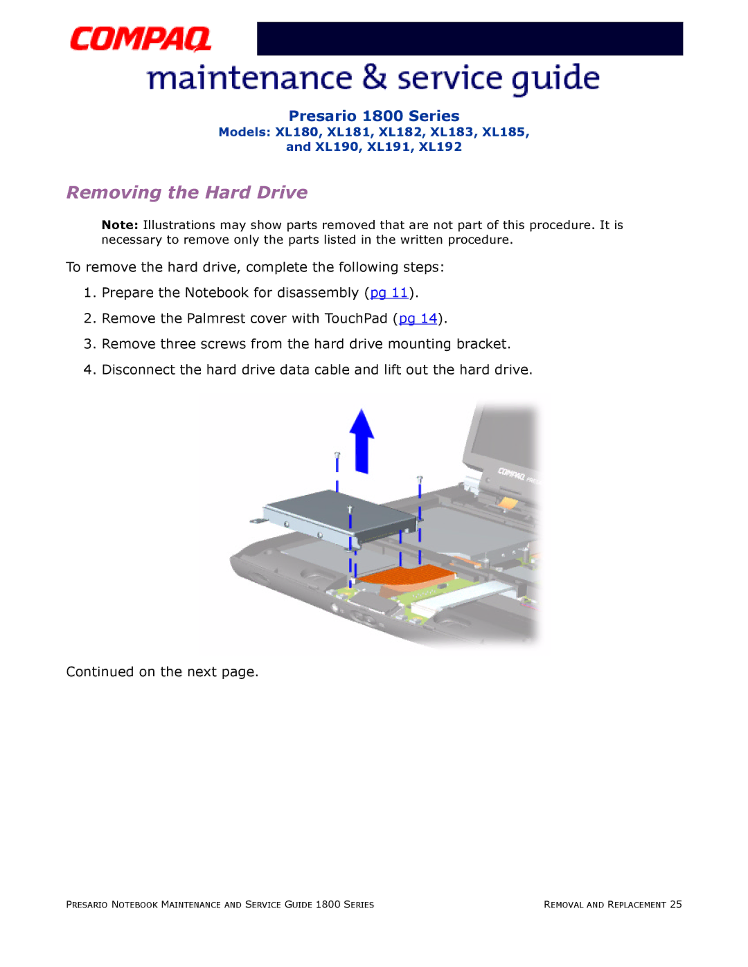 Compaq XL185, XL190, XL180, XL191, XL192, XL183, XL181, XL182 specifications Removing the Hard Drive 