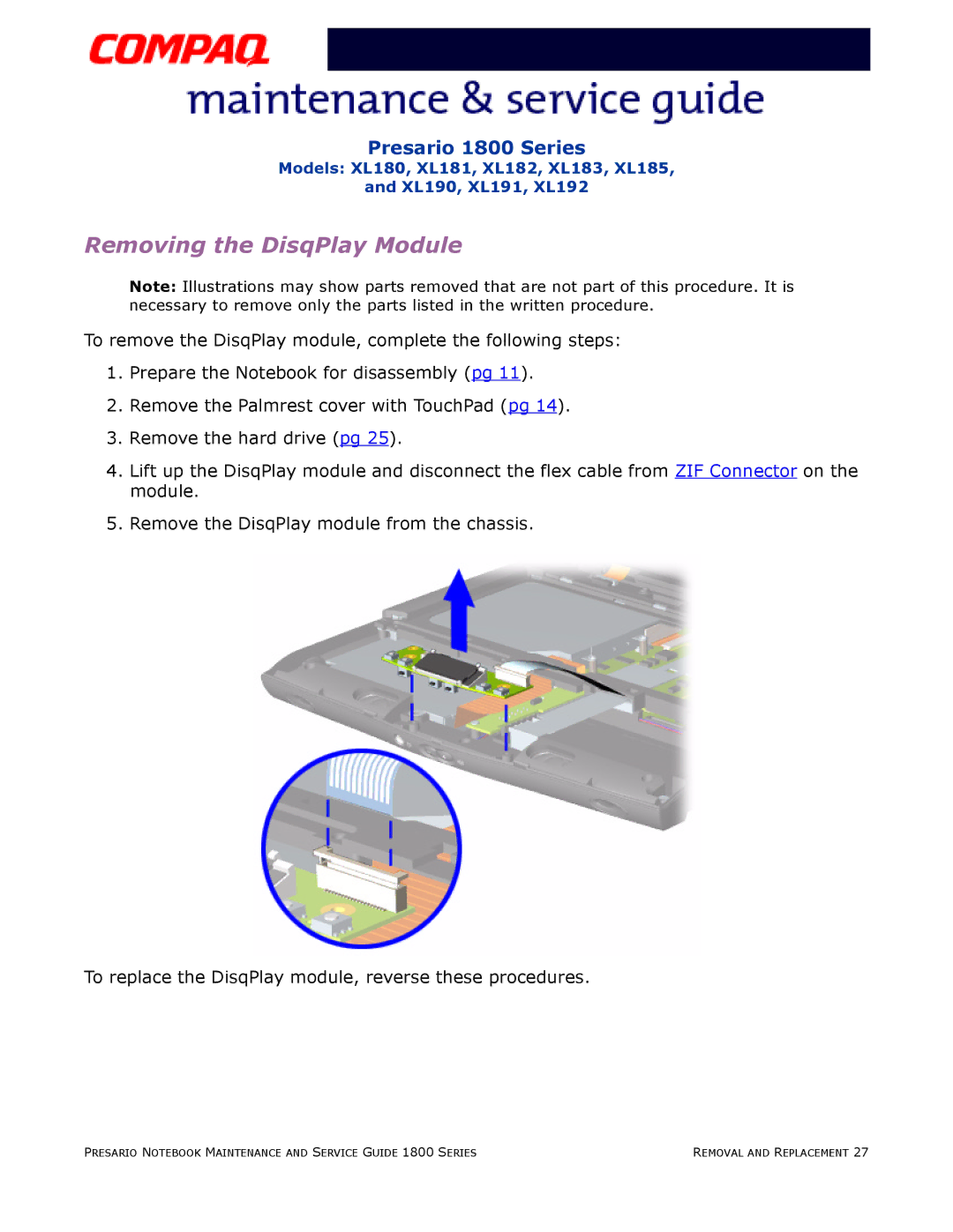 Compaq XL190, XL180, XL191, XL192, XL183, XL181, XL185, XL182 specifications Removing the DisqPlay Module 