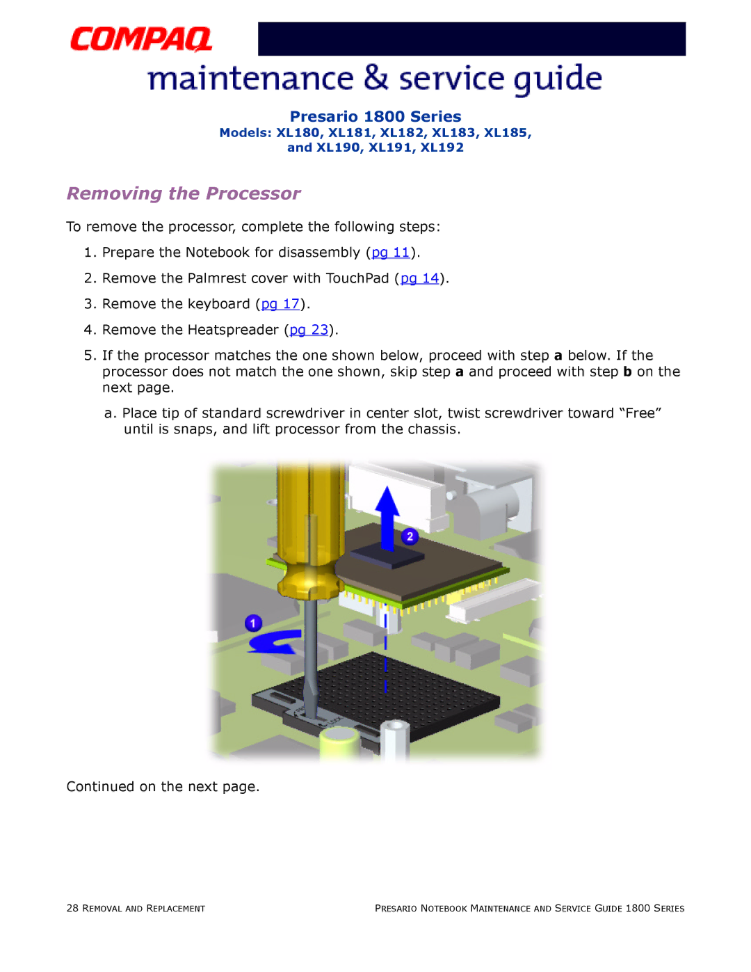 Compaq XL180, XL190, XL191, XL192, XL183, XL181, XL185, XL182 specifications Removing the Processor 