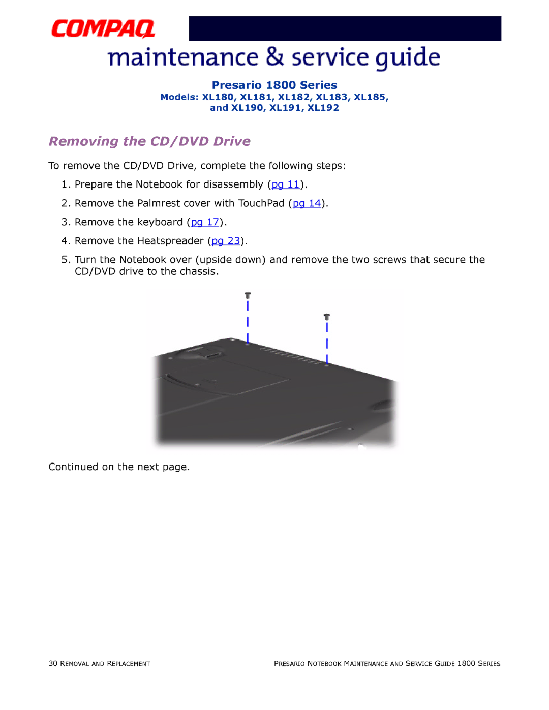 Compaq XL192, XL190, XL180, XL191, XL183, XL181, XL185, XL182 specifications Removing the CD/DVD Drive 