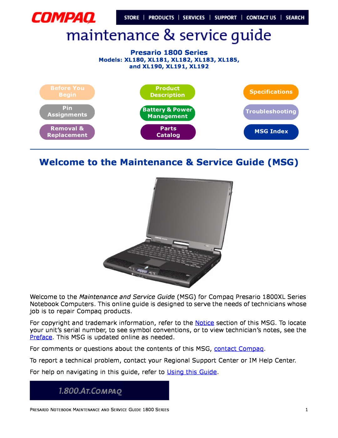 Compaq XL180, XL190, XL191, XL192, XL183 specifications Presario 1800 Series, Welcome to the Maintenance & Service Guide MSG 