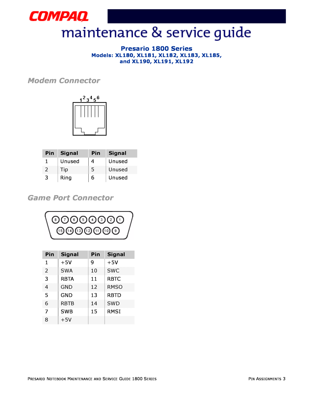Compaq XL191, XL190, XL180, XL192, XL183 Modem Connector, Game Port Connector, Presario 1800 Series, Signal, Pin Assignments 