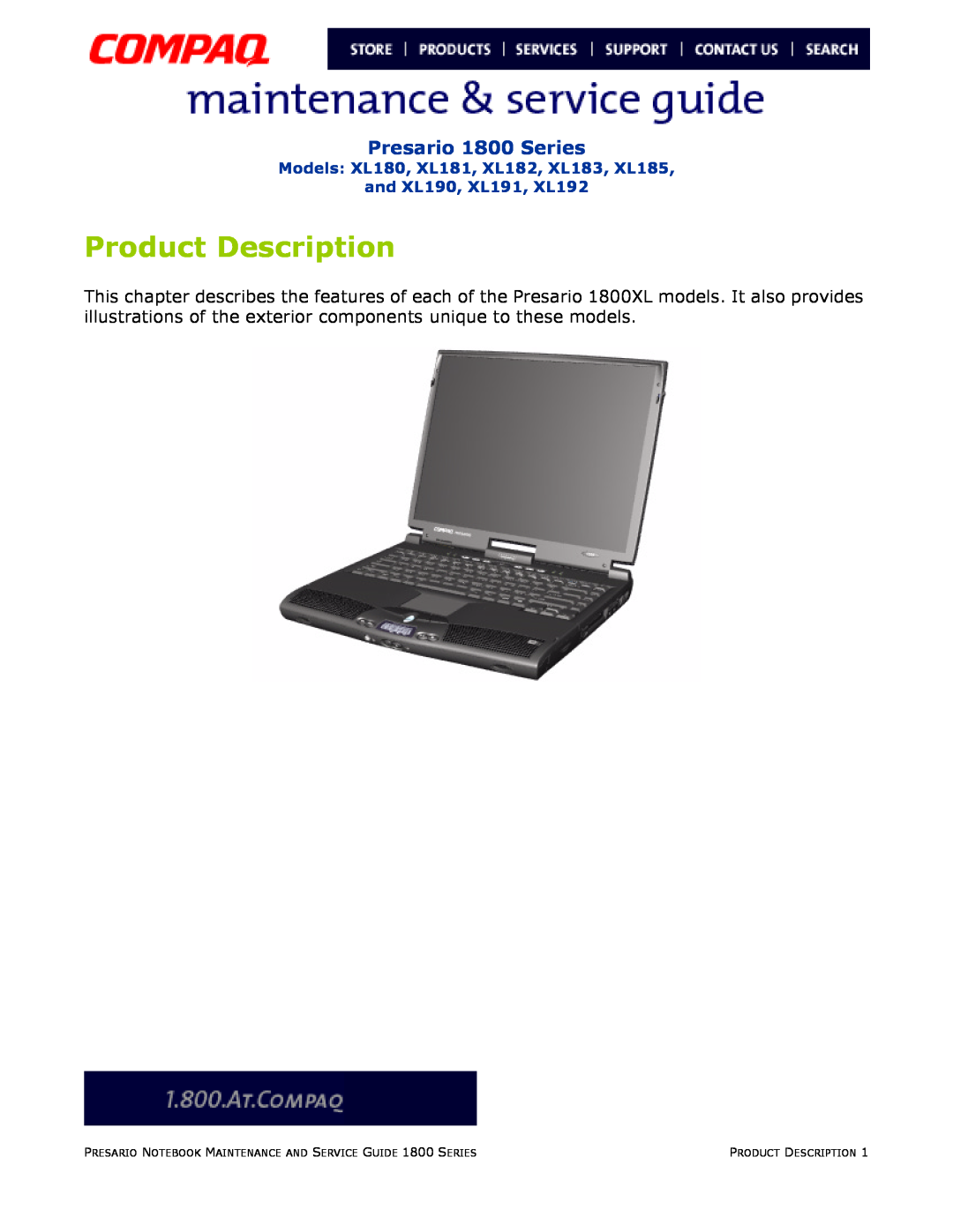 Compaq Product Description, Presario 1800 Series, Models XL180, XL181, XL182, XL183, XL185 and XL190, XL191, XL192 