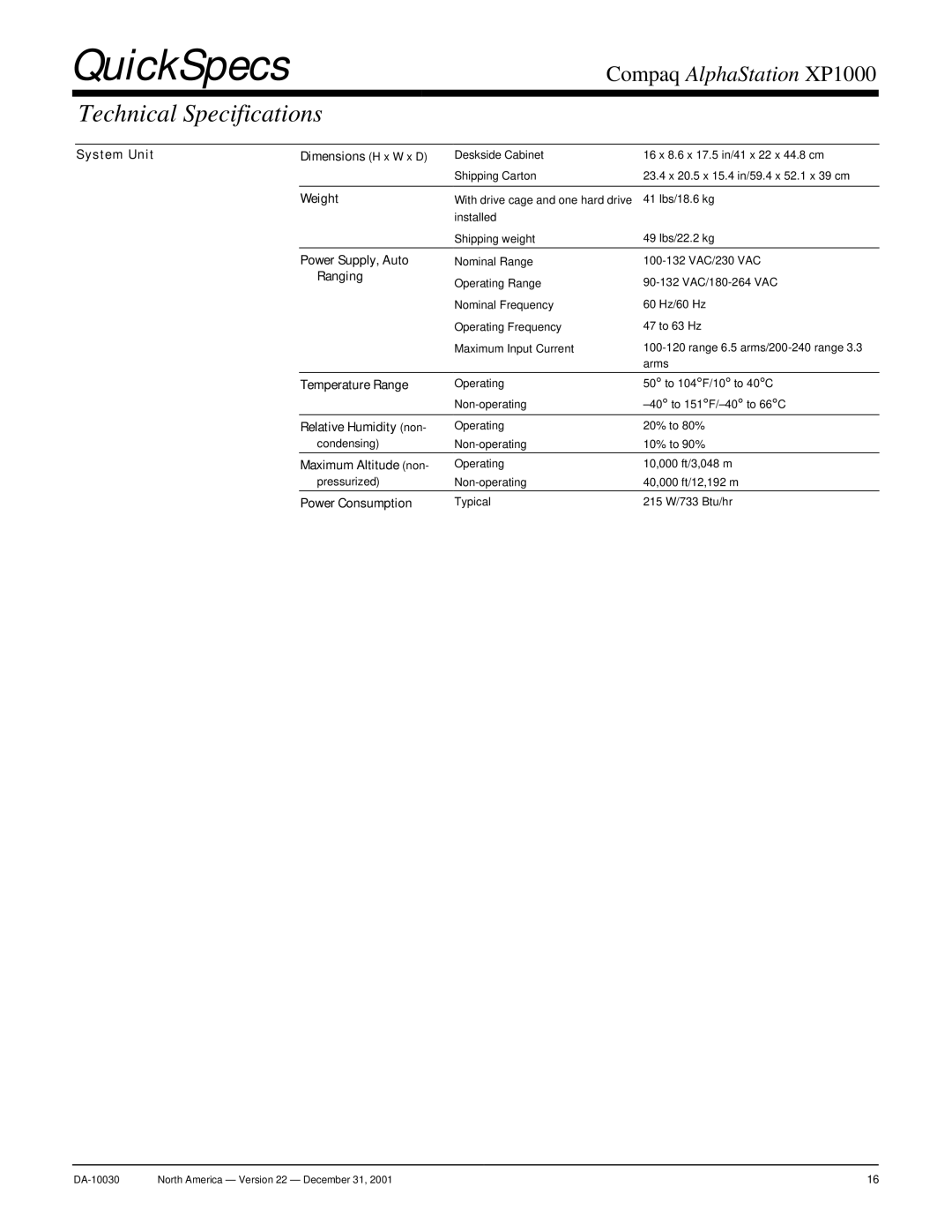 Compaq XP1000 warranty Technical Specifications 