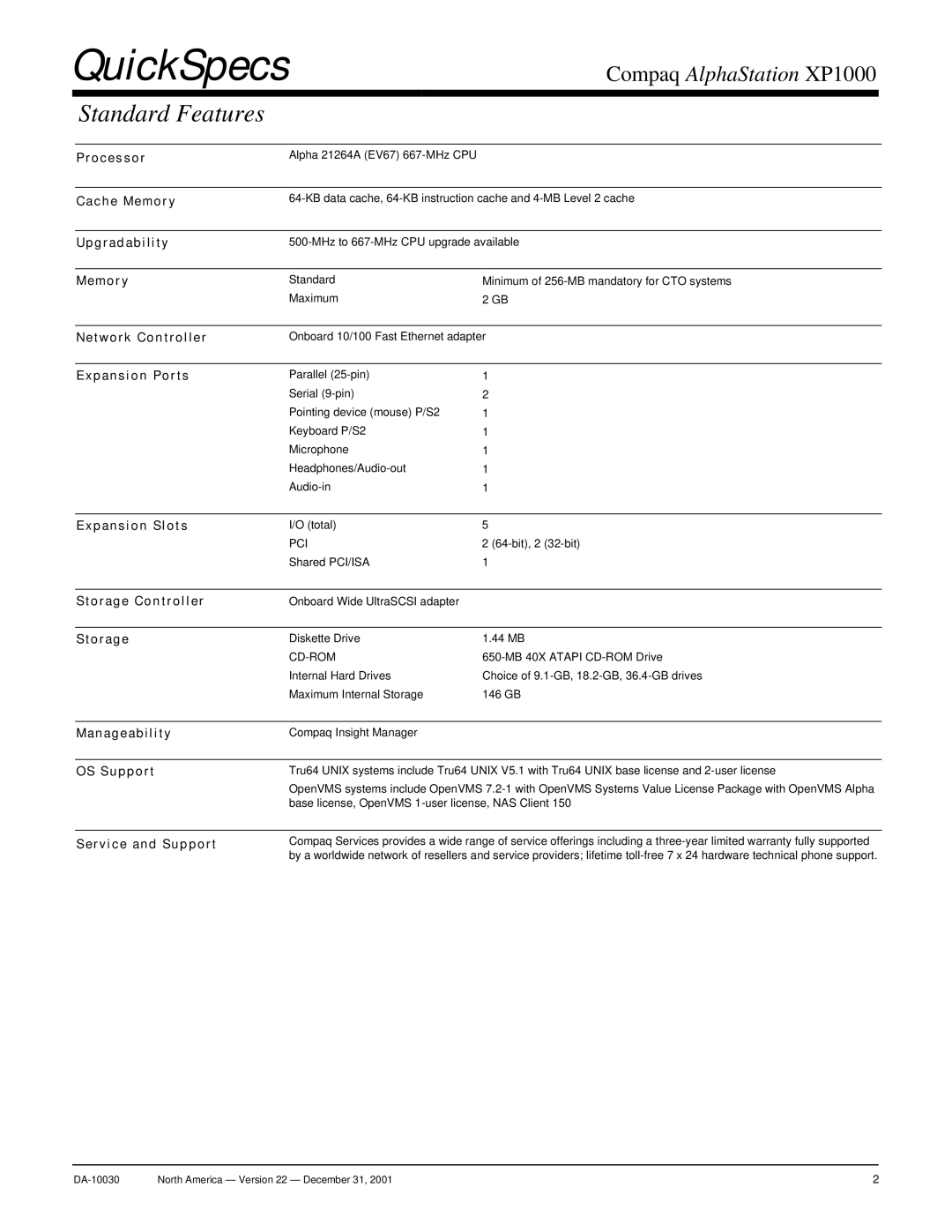 Compaq XP1000 warranty Standard Features 