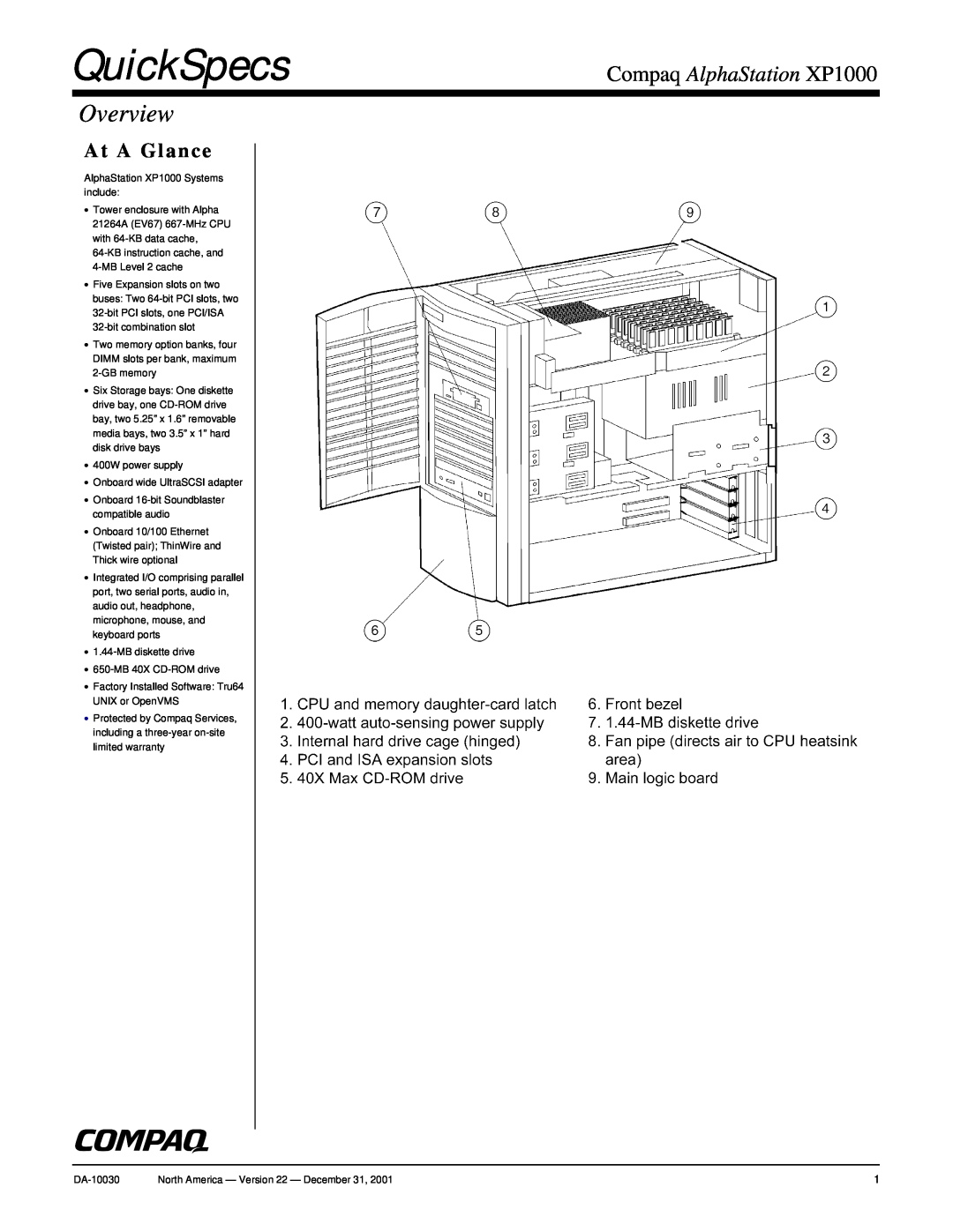 Compaq warranty QuickSpecs, Overview, Compaq AlphaStation XP1000, At A Glance 