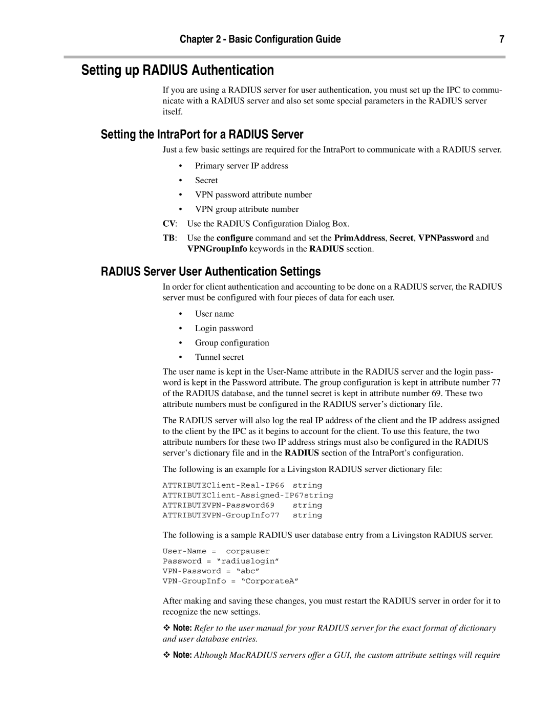 Compatible Systems 10/100 manual Setting up Radius Authentication, Setting the IntraPort for a Radius Server 