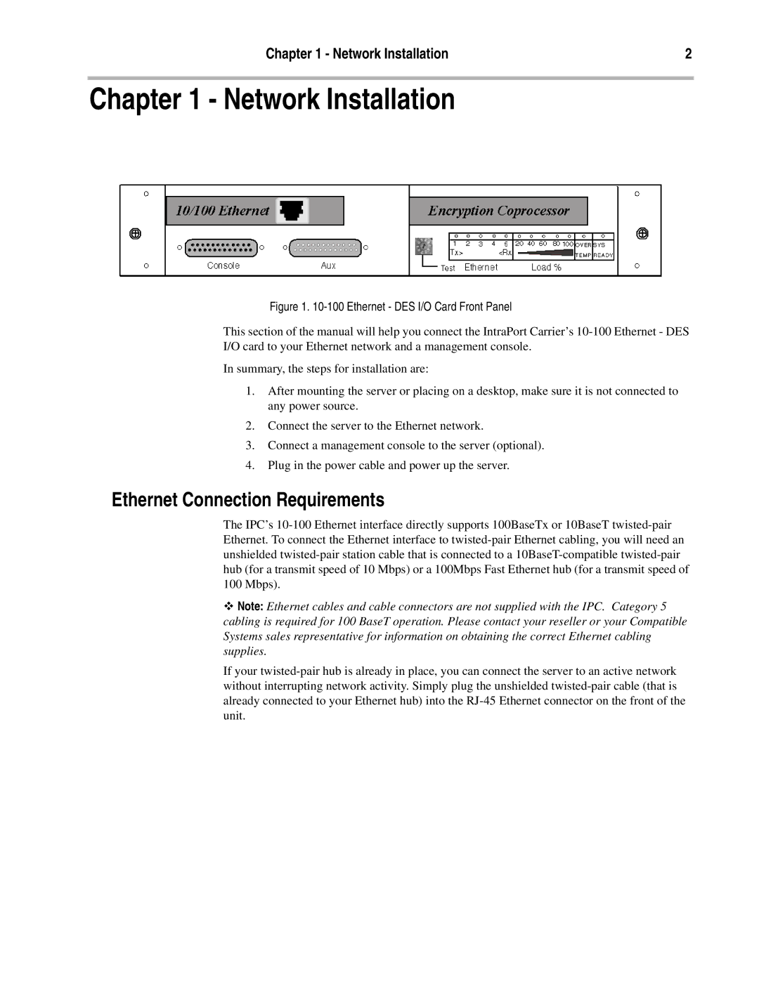 Compatible Systems 10/100 manual Network Installation, Ethernet Connection Requirements 