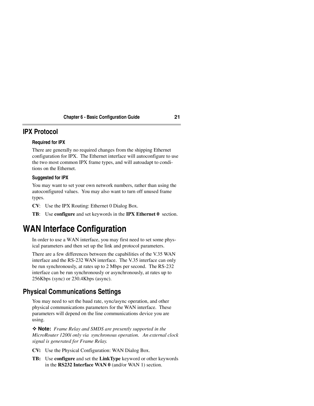 Compatible Systems 1200i WAN Interface Configuration, IPX Protocol, Physical Communications Settings, Required for IPX 