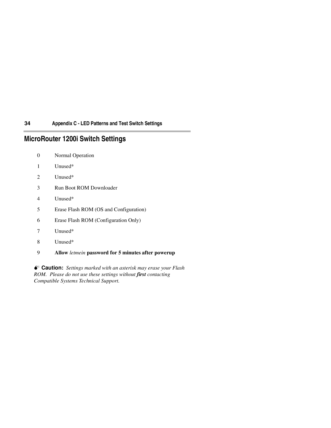 Compatible Systems manual MicroRouter 1200i Switch Settings, Appendix C LED Patterns and Test Switch Settings 