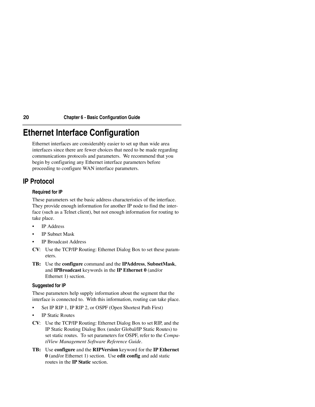 Compatible Systems 1220I manual Ethernet Interface Configuration, IP Protocol, Required for IP, Suggested for IP 