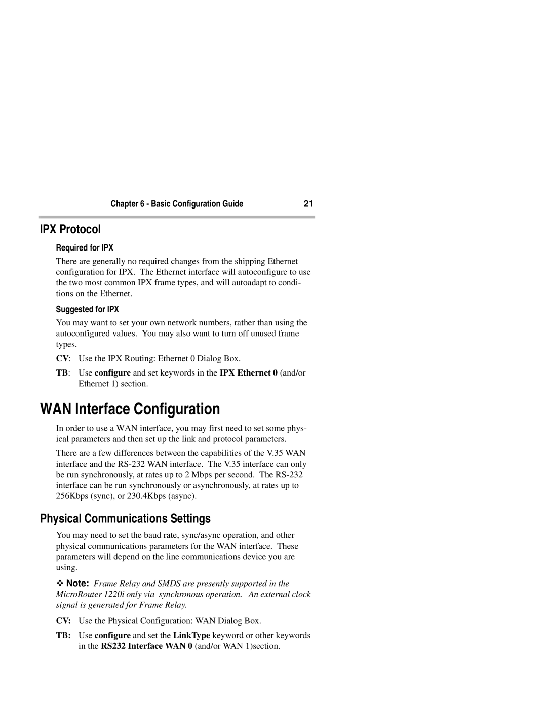 Compatible Systems 1220I WAN Interface Configuration, IPX Protocol, Physical Communications Settings, Required for IPX 