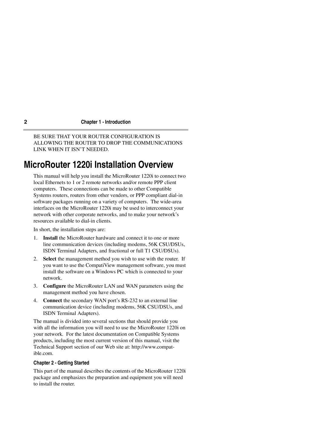 Compatible Systems 1220I manual MicroRouter 1220i Installation Overview, Getting Started 