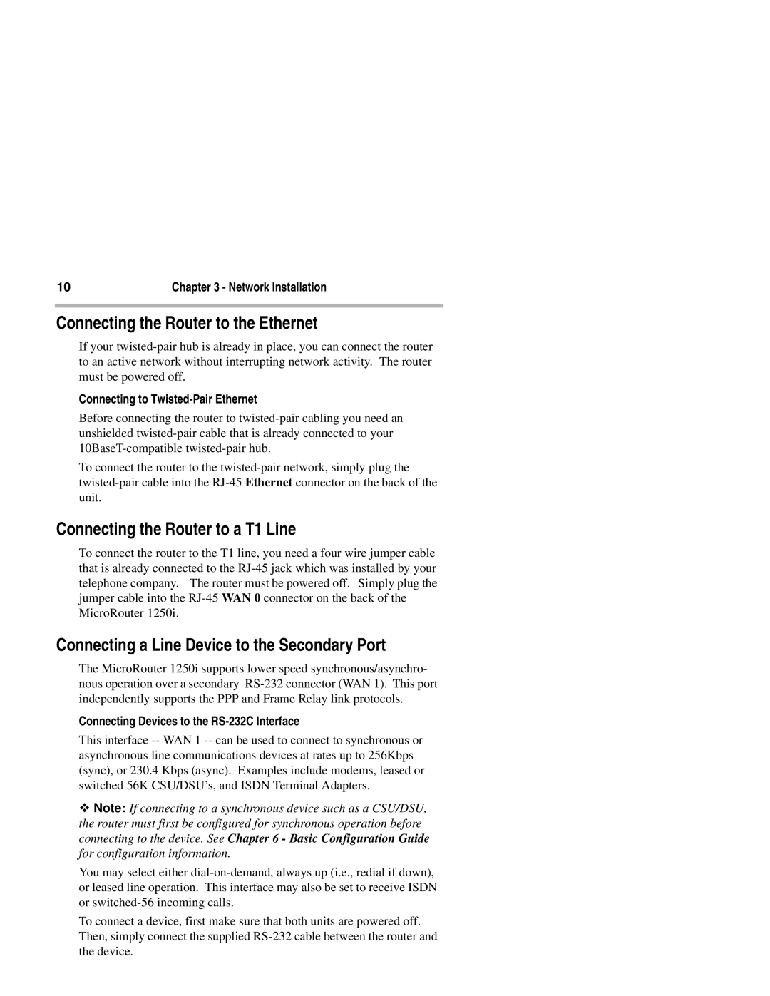 Compatible Systems 1250I manual Connecting the Router to the Ethernet, Connecting the Router to a T1 Line 