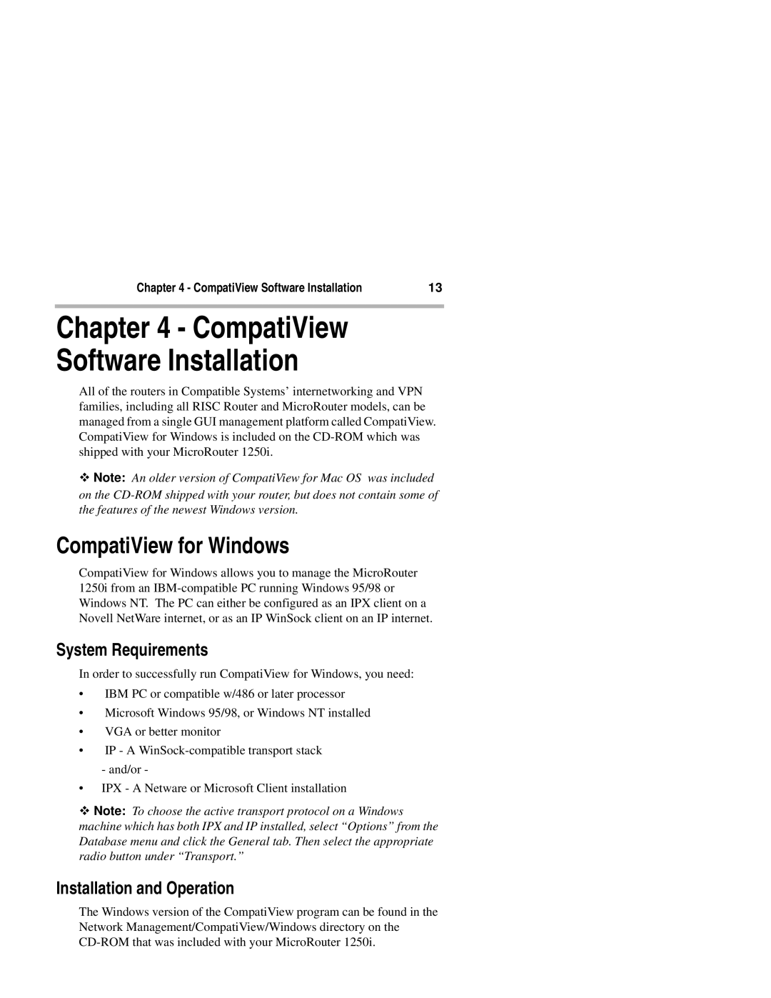 Compatible Systems 1250I manual CompatiView for Windows, System Requirements, Installation and Operation 