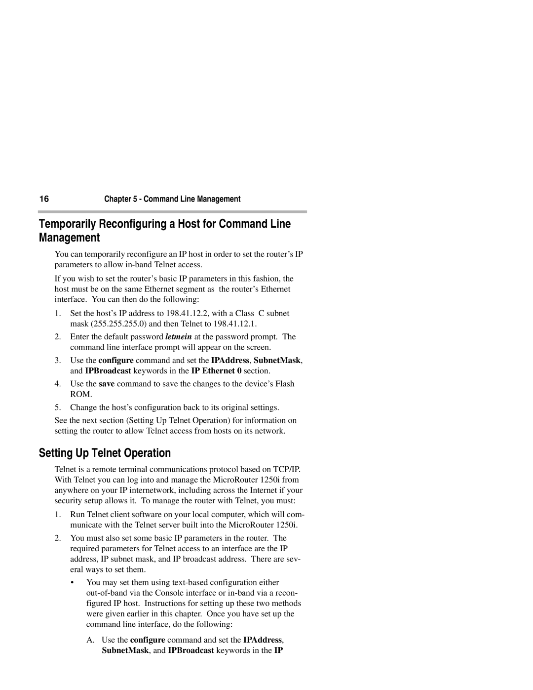 Compatible Systems 1250I manual Temporarily Reconfiguring a Host for Command Line Management, Setting Up Telnet Operation 