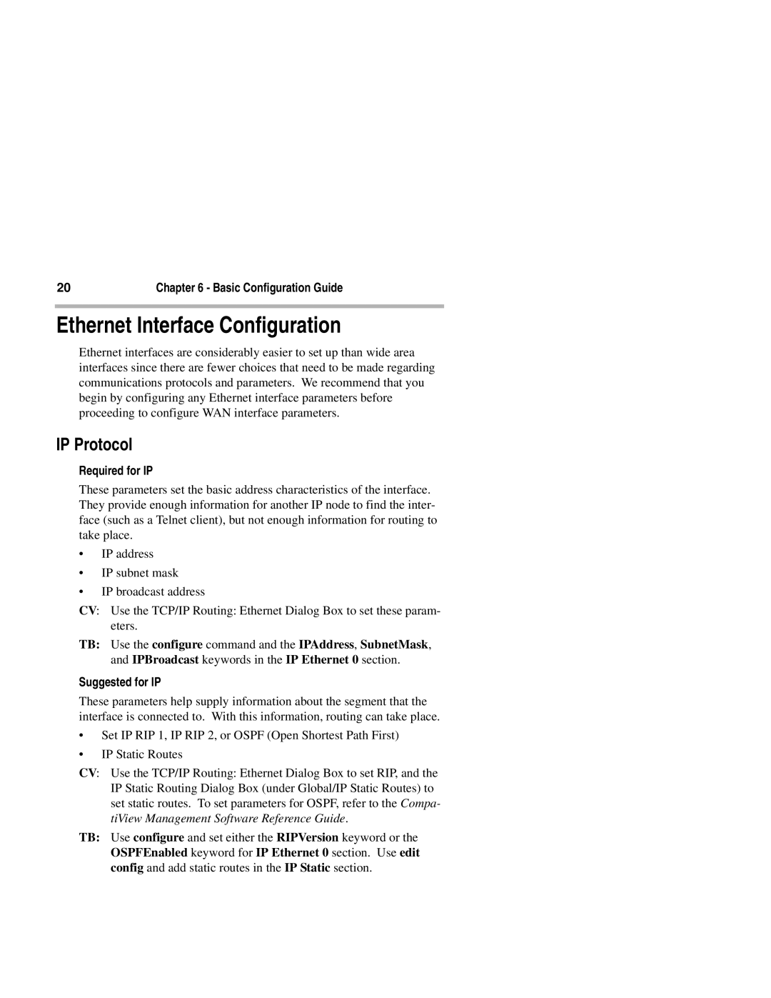 Compatible Systems 1250I manual Ethernet Interface Configuration, IP Protocol, Required for IP, Suggested for IP 