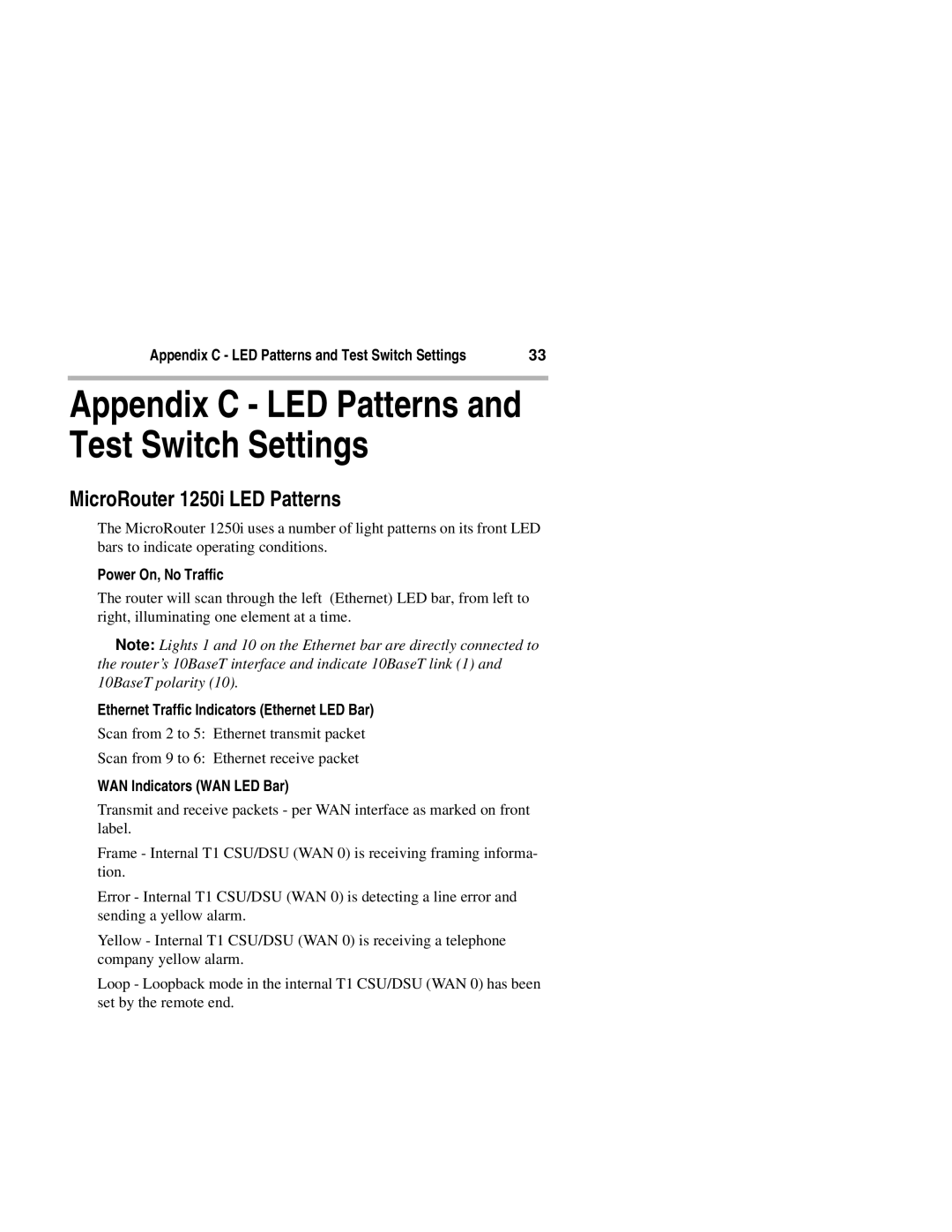 Compatible Systems 1250I manual MicroRouter 1250i LED Patterns, Power On, No Traffic, WAN Indicators WAN LED Bar 