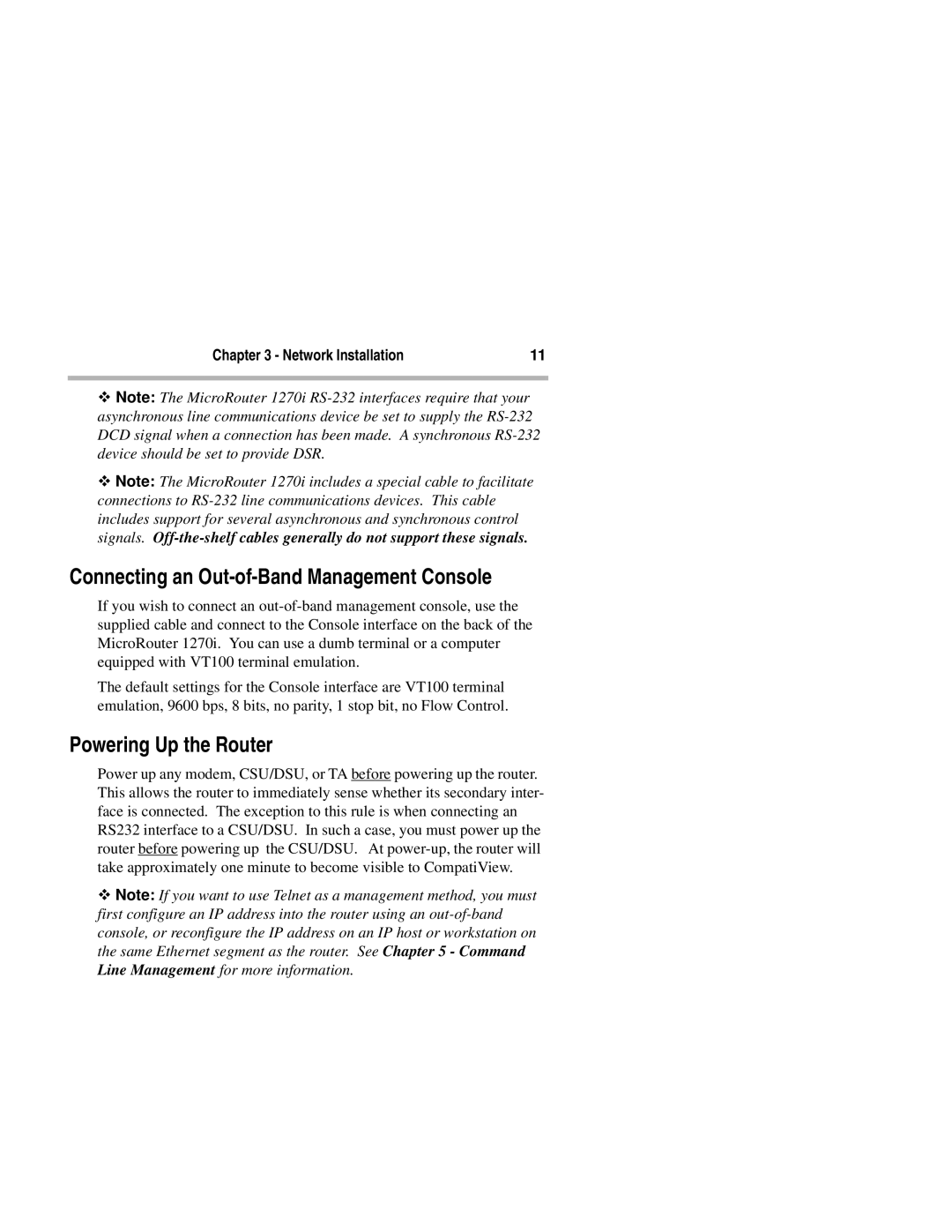 Compatible Systems 1270i manual Connecting an Out-of-Band Management Console, Powering Up the Router 