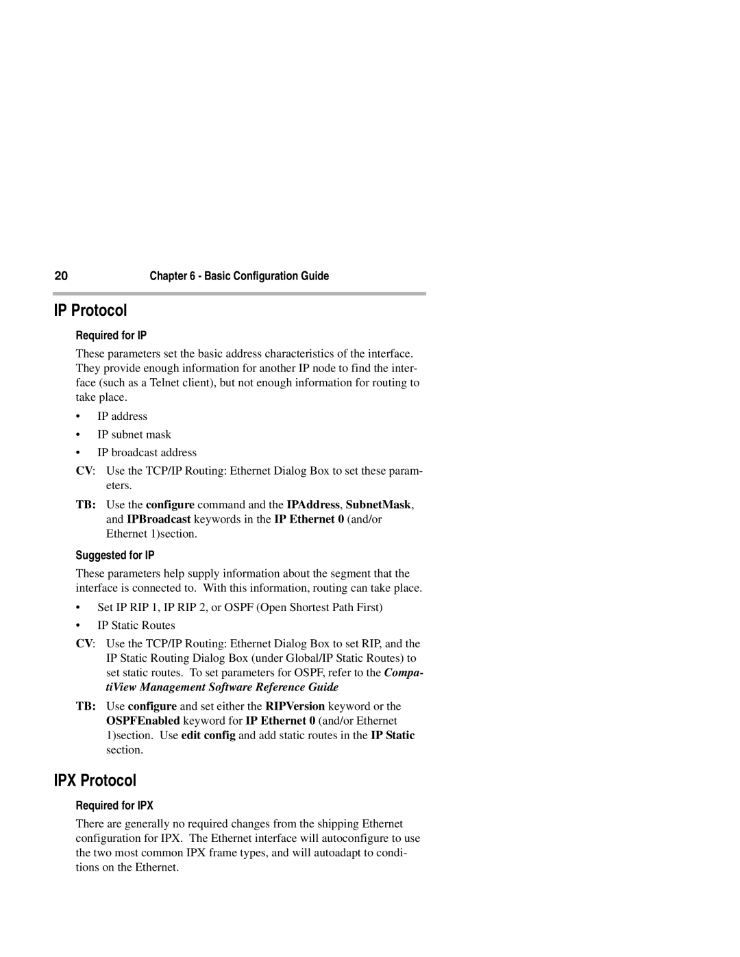 Compatible Systems 1270i manual IP Protocol, IPX Protocol, Suggested for IP, Required for IPX 