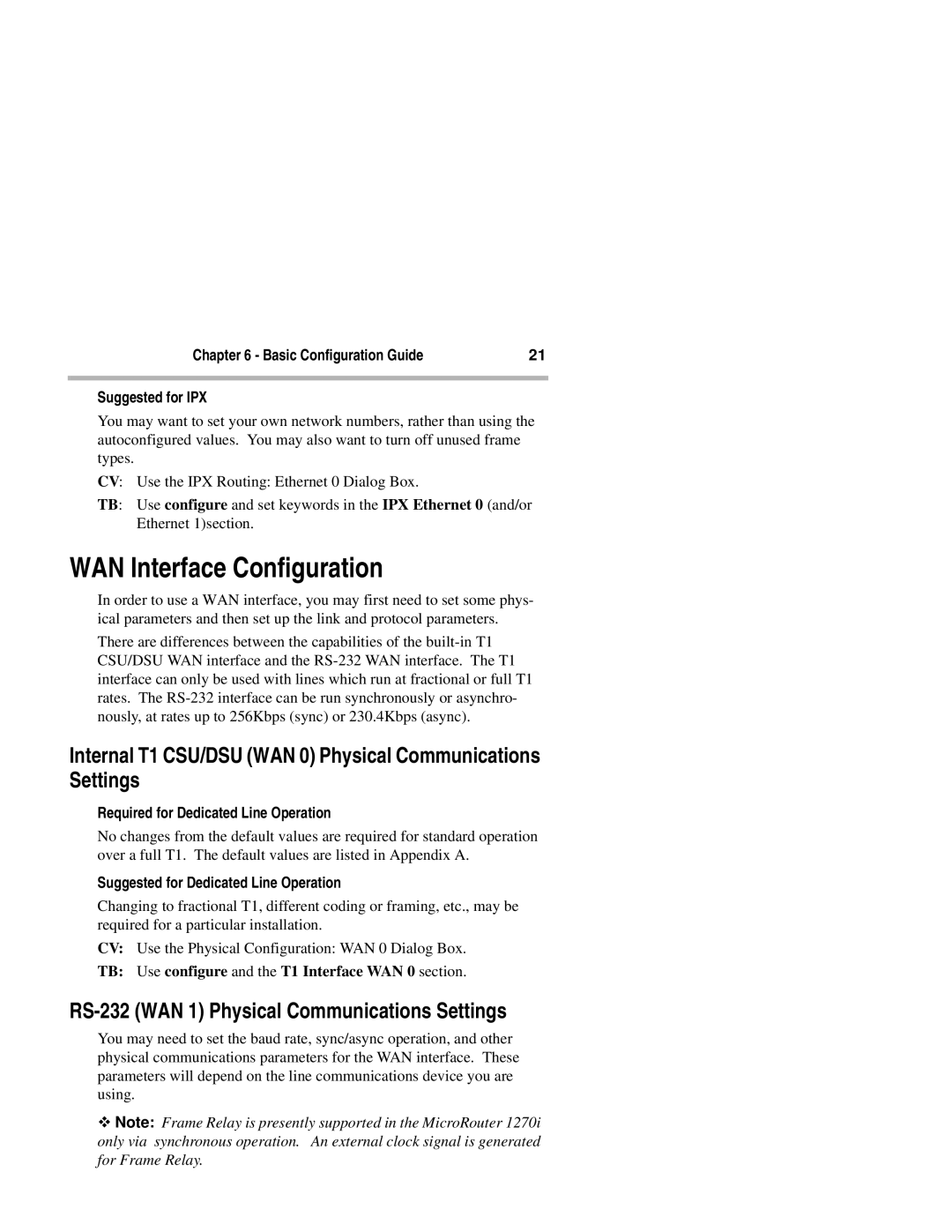 Compatible Systems 1270i manual WAN Interface Configuration, Internal T1 CSU/DSU WAN 0 Physical Communications Settings 