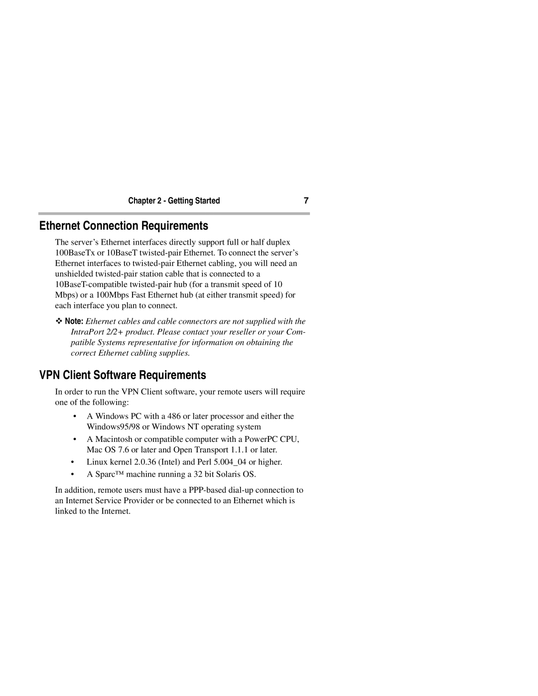 Compatible Systems 2+ manual Ethernet Connection Requirements, VPN Client Software Requirements 