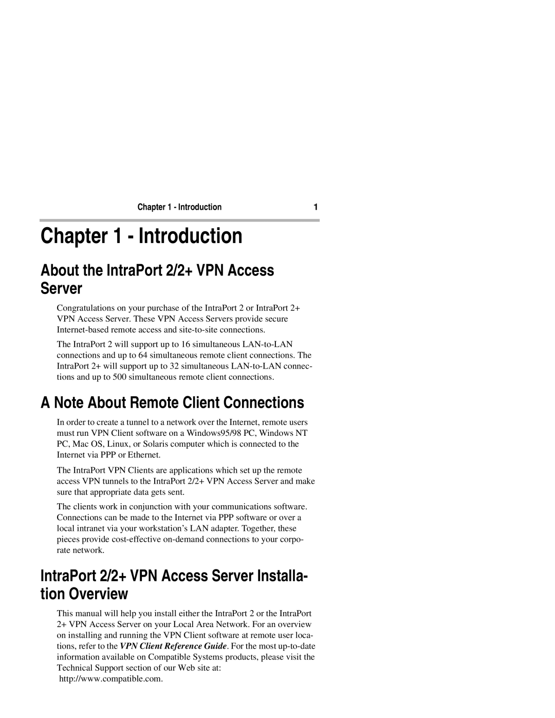 Compatible Systems manual Introduction, About the IntraPort 2/2+ VPN Access Server 