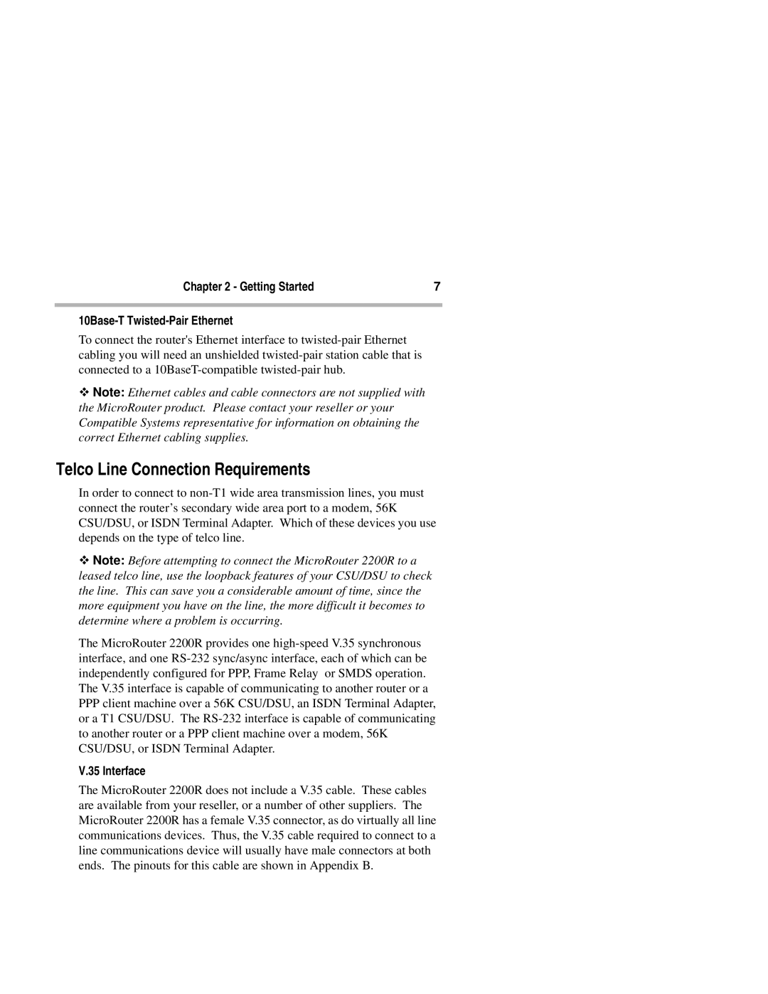 Compatible Systems 2200R Telco Line Connection Requirements, Getting Started 10Base-T Twisted-Pair Ethernet, Interface 