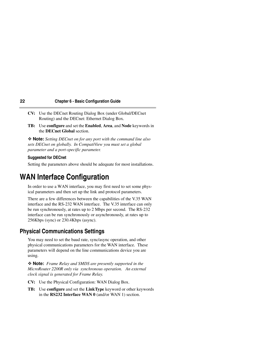 Compatible Systems 2200R manual WAN Interface Configuration, Physical Communications Settings, Suggested for DECnet 