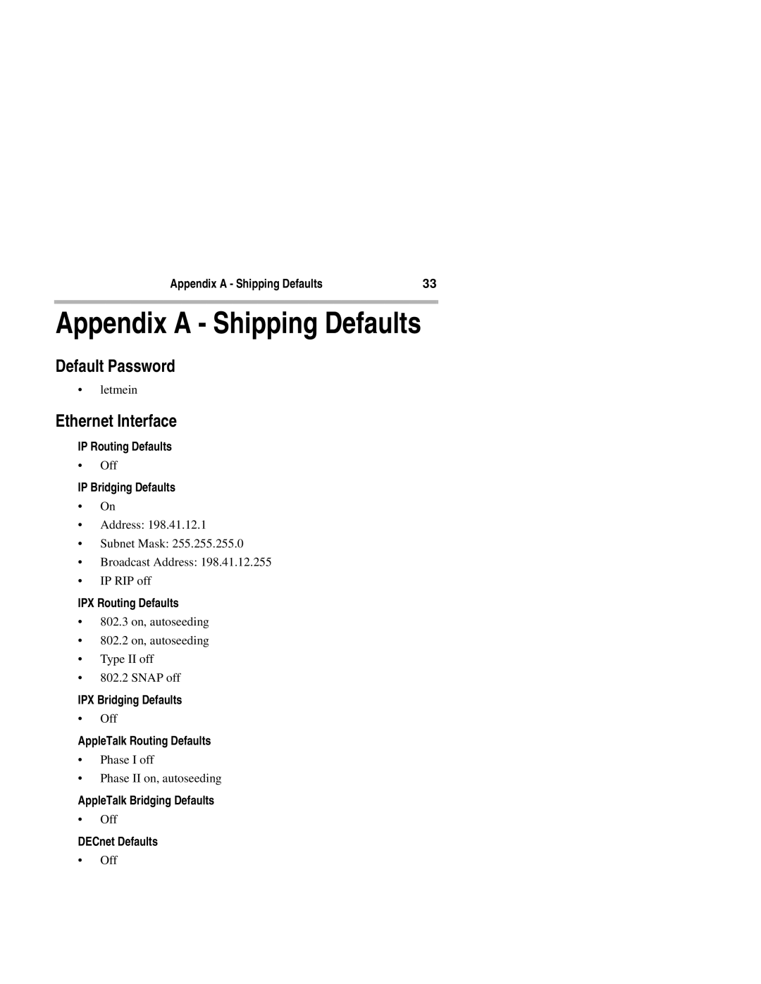 Compatible Systems 2200R manual Appendix a Shipping Defaults, Default Password, Ethernet Interface 