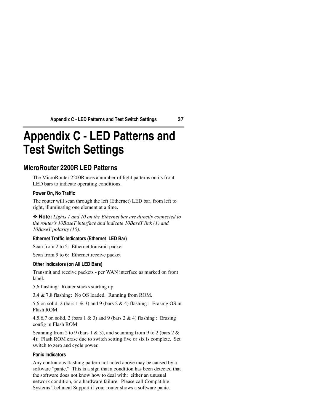 Compatible Systems MicroRouter 2200R LED Patterns, Power On, No Traffic, Ethernet Traffic Indicators Ethernet LED Bar 