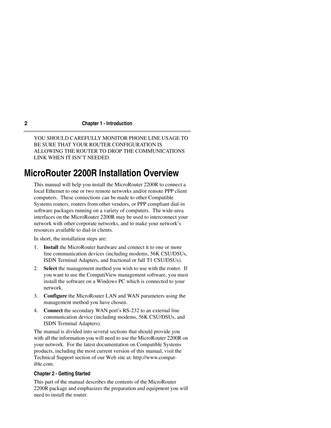 Compatible Systems manual MicroRouter 2200R Installation Overview, Getting Started 