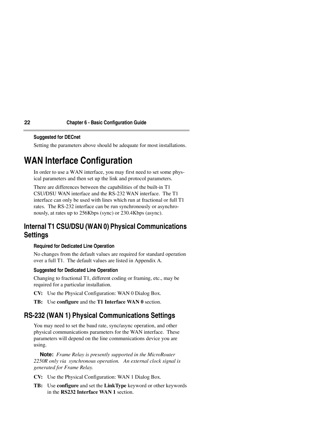 Compatible Systems 2250R manual WAN Interface Configuration, Internal T1 CSU/DSU WAN 0 Physical Communications Settings 