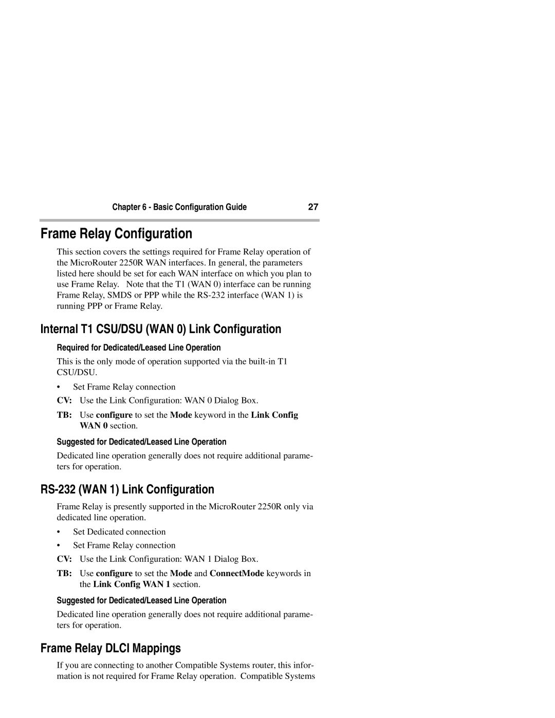 Compatible Systems 2250R manual Frame Relay Configuration, Frame Relay Dlci Mappings 