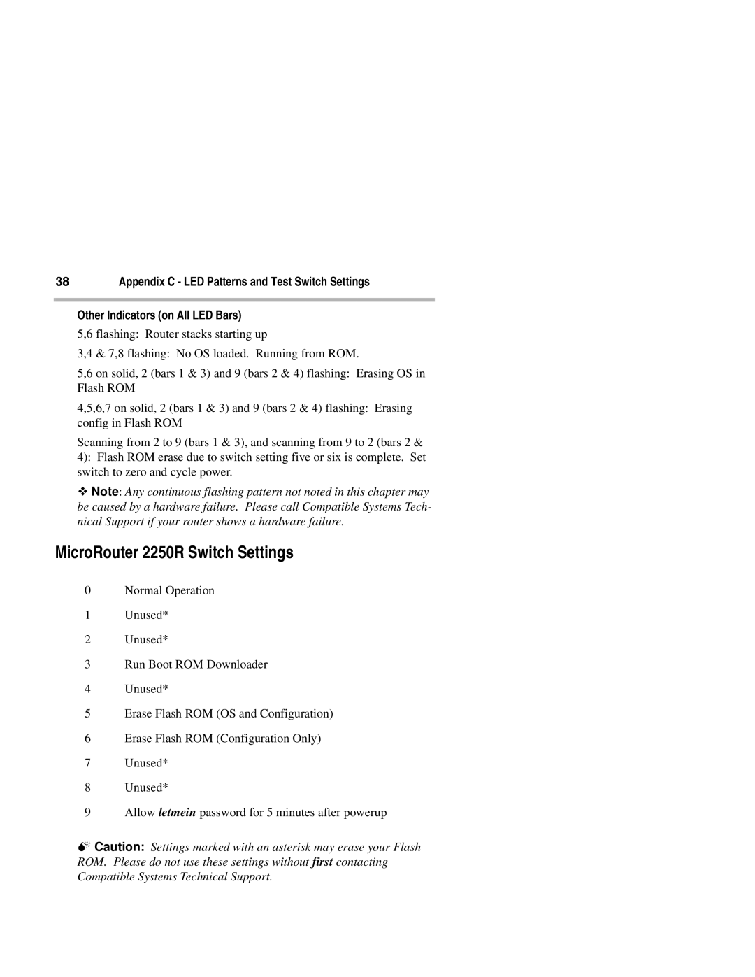 Compatible Systems manual MicroRouter 2250R Switch Settings 