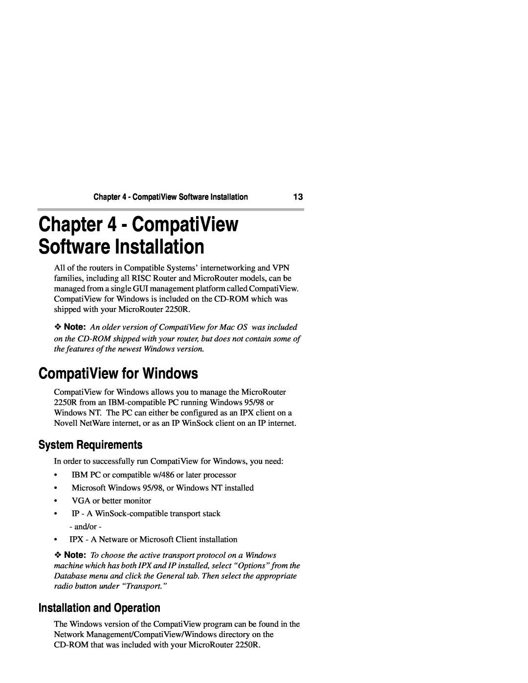 Compatible Systems 2250R manual CompatiView for Windows, System Requirements, Installation and Operation 