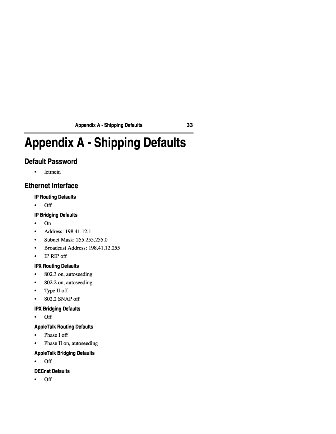 Compatible Systems 2250R manual Appendix A - Shipping Defaults, Default Password, Ethernet Interface, IP Routing Defaults 