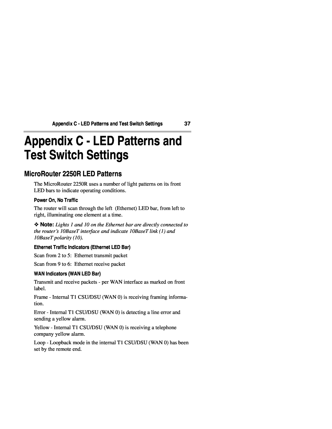 Compatible Systems manual MicroRouter 2250R LED Patterns, Appendix C - LED Patterns and Test Switch Settings 