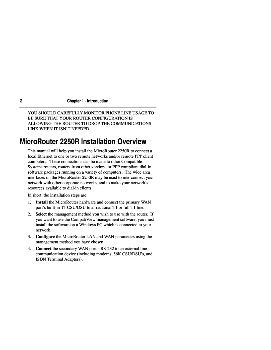 Compatible Systems manual MicroRouter 2250R Installation Overview, Introduction 