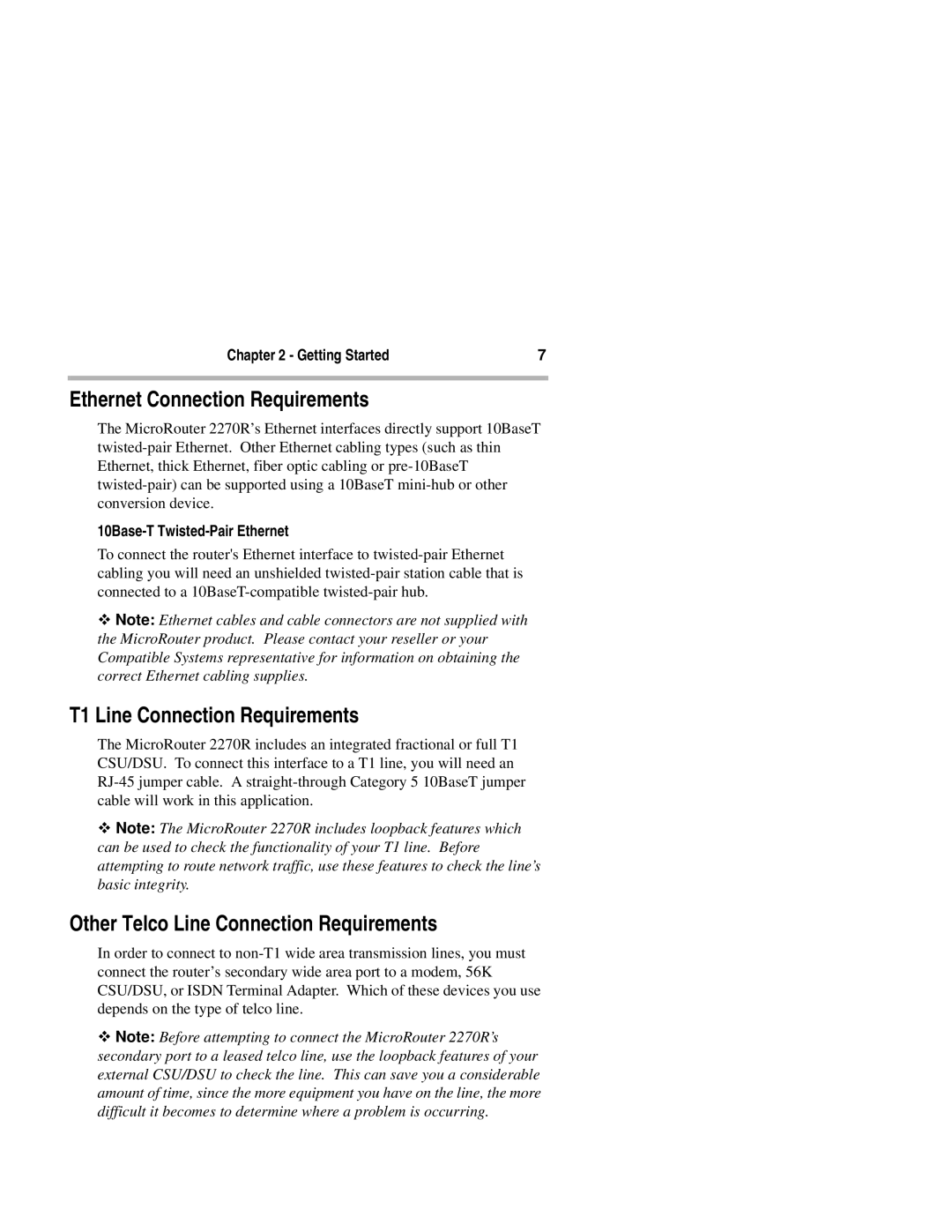 Compatible Systems 2270R Ethernet Connection Requirements, T1 Line Connection Requirements, 10Base-T Twisted-Pair Ethernet 