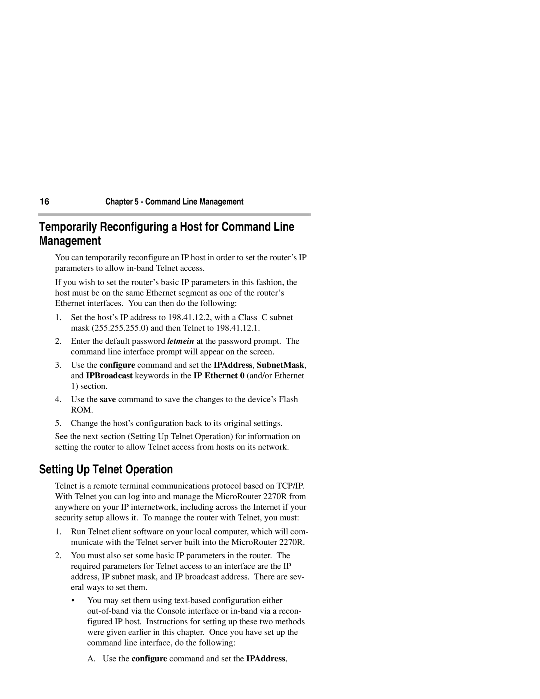 Compatible Systems 2270R manual Temporarily Reconfiguring a Host for Command Line Management, Setting Up Telnet Operation 