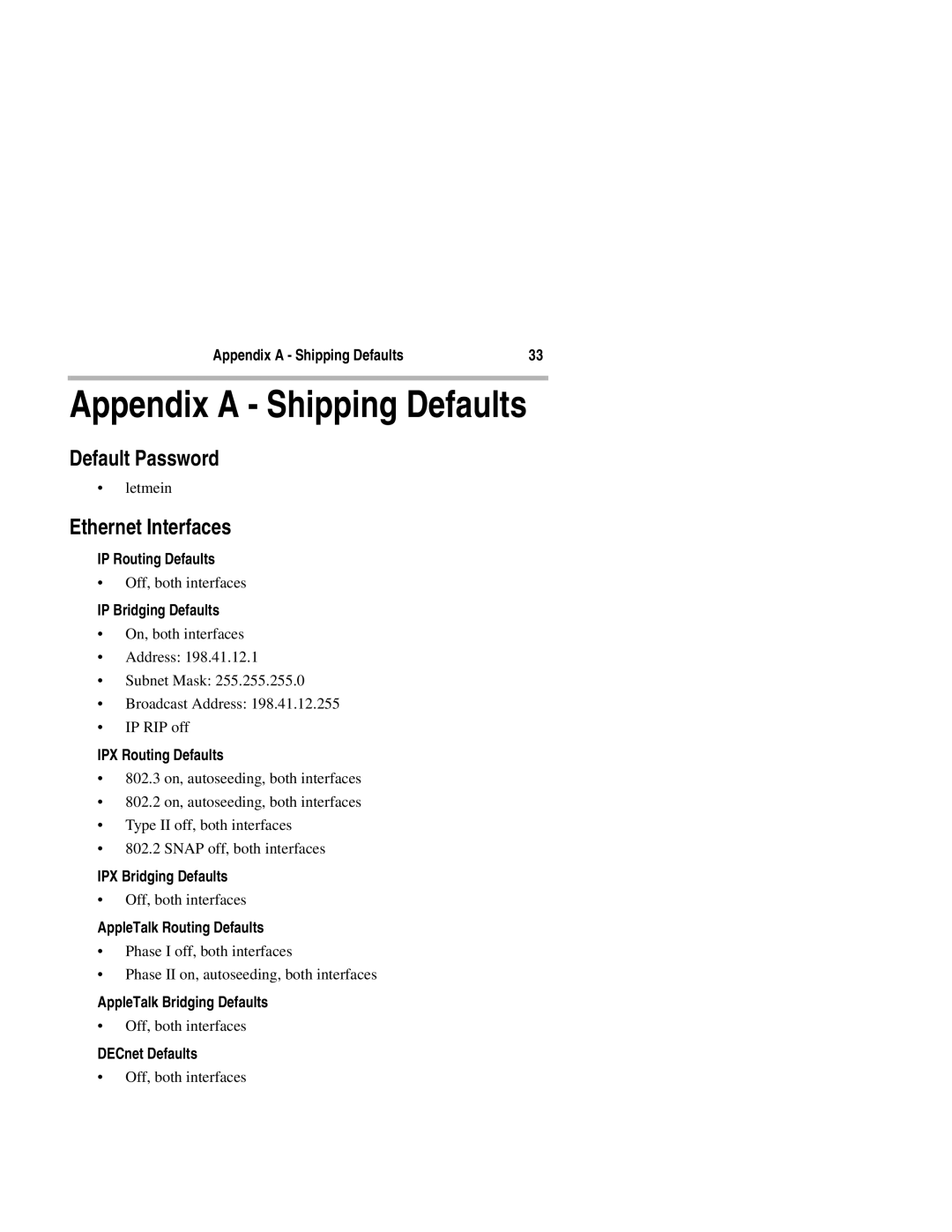 Compatible Systems 2270R manual Appendix a Shipping Defaults, Default Password, Ethernet Interfaces 