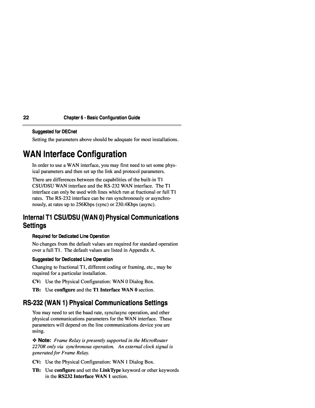 Compatible Systems 2270R manual WAN Interface Configuration, Internal T1 CSU/DSU WAN 0 Physical Communications Settings 